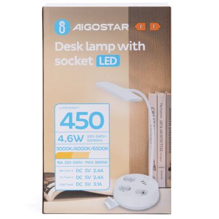 Aigostar - LED prigušiva stona lampa sa utičnicama i USB LED/4,6W/230V 3000/4000/6500K bela