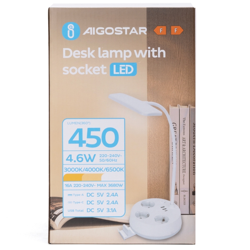 Aigostar - LED prigušiva stona lampa sa utičnicama i USB LED/4,6W/230V 3000/4000/6500K bela