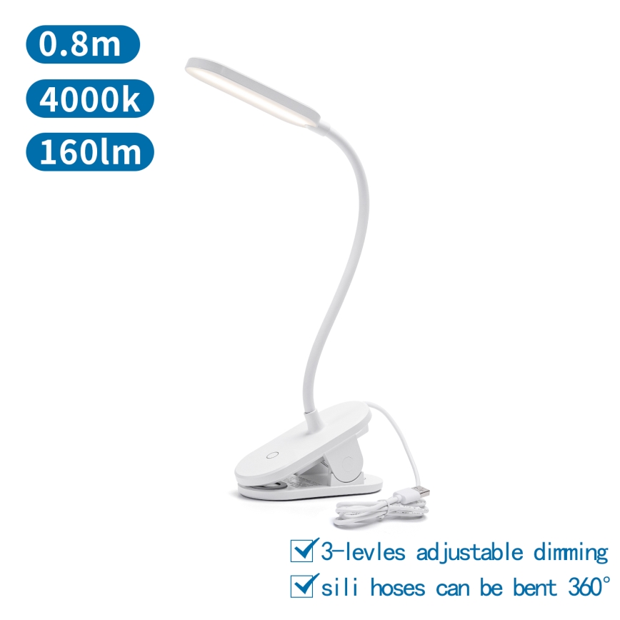 Aigostar - LED Prigušiva stona lampa sa štipaljkom LED/2,5W/5V bela