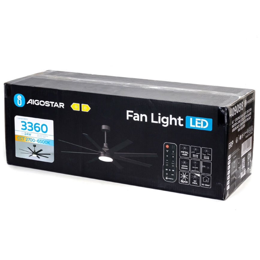 Aigostar - LED prigušiva plafonski ventilator LED/24W/230V 2700-6500K 165cm crna + daljinski upravljač