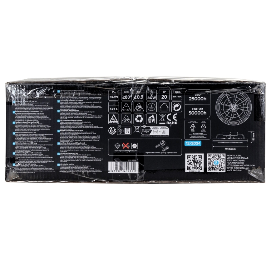 Aigostar - LED Prigušivi plafonski ventilator LED/40W/230V 2700-6500K pr. 48 cm + Daljinski upravljač crno