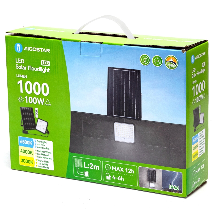 Aigostar - LED Prigušivi solarni reflektor LED/100W/3,4V 3000/4000/6500K IP66 + Daljinski upravljač