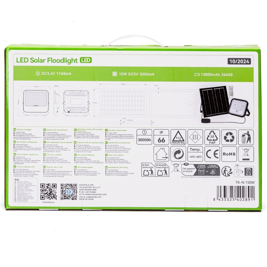Aigostar - LED RGB Prigušivi solarni reflektor LED/150W/3,4V IP66 + Daljinski upravljač