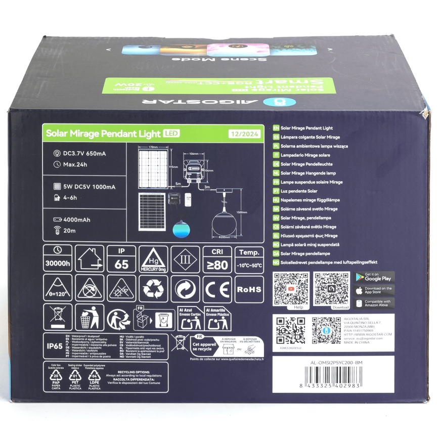 Aigostar - LED RGB Prigušivi solarni luster MESH LED/20W/3,7V 4000 mAh 2700K-6500K IP65 pr. 20 cm