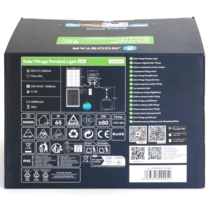 Aigostar - LED RGBW Prigušivi solarni luster MESH LED/20W/3,7V 4000 mAh 2700K-6500K IP65 pr. 15 cm