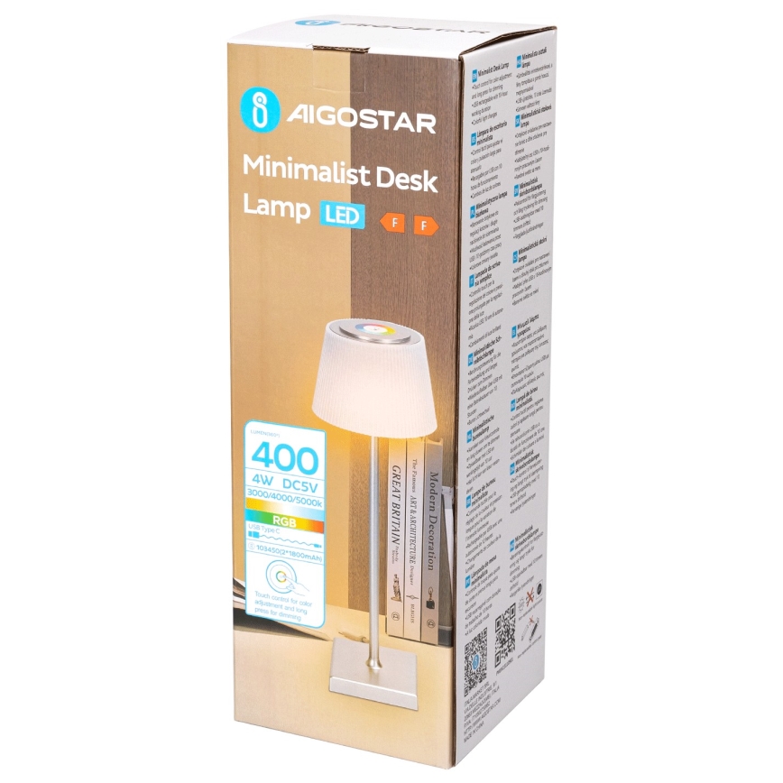 Aigostar - LED RGBW Spoljašnja prigušiva punjiva stona lampa LED/4W/5V 3600mAh bela/krom IP54