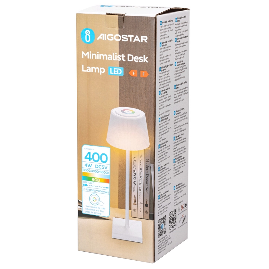 Aigostar - LED RGBW Spoljašnja prigušiva punjiva stona lampa LED/4W/5V 3600mAh bela IP54
