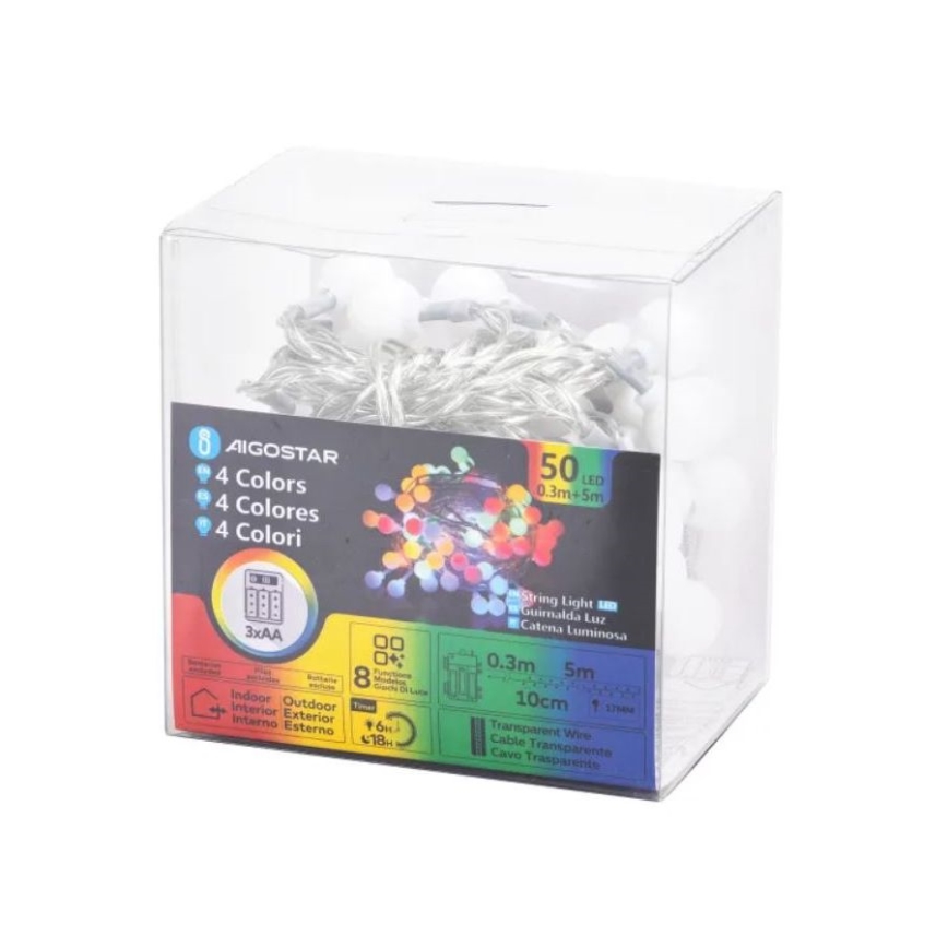 Aigostar - LED RGBY Vanjske Božićne lampice 50xLED/3xAA/8 funkcije 5,3 m IP44