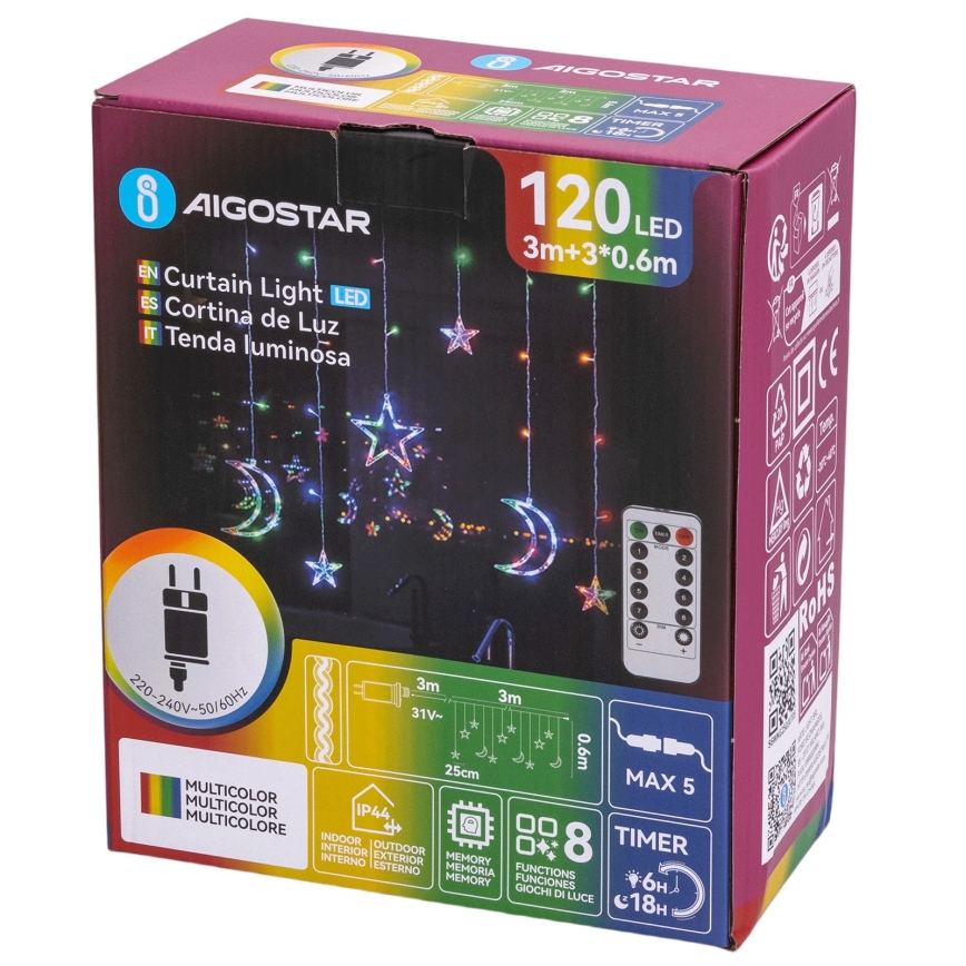 Aigostar - LED RGBY spoljna božićna girlanda 120xLED/8 funkcija 3x0,6m IP44 višebojna + daljinski upravljač
