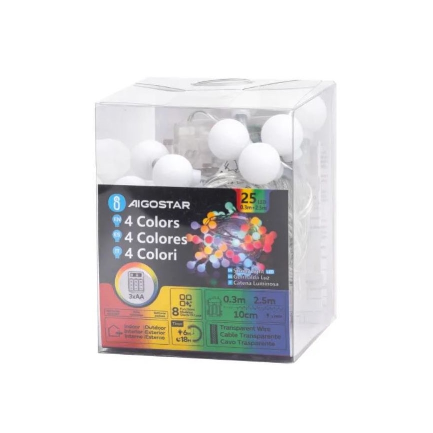 Aigostar - LED RGBY Spoljašnji Božićne lampice 25xLED/3xAA/8 funkcije 2,8 m IP44