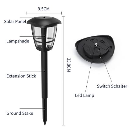 Aigostar - LED Solarna lampa LED/0,06W/2V 33,8 cm 6500K IP44 crno