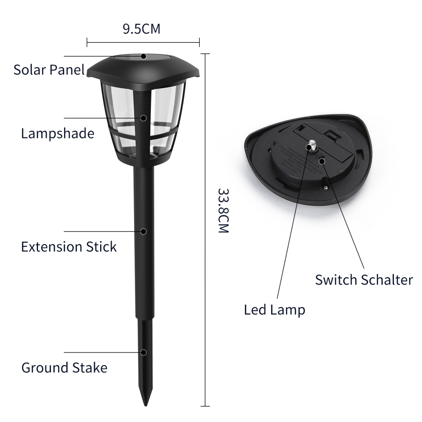 Aigostar - LED Solarna lampa LED/0,06W/2V 33,8 cm 6500K IP44 crno