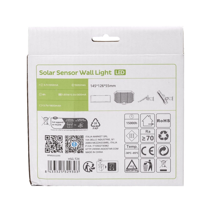 Aigostar - LED Solarna lampa sa senzorom pokreta LED/2,4W/3,7V IP65