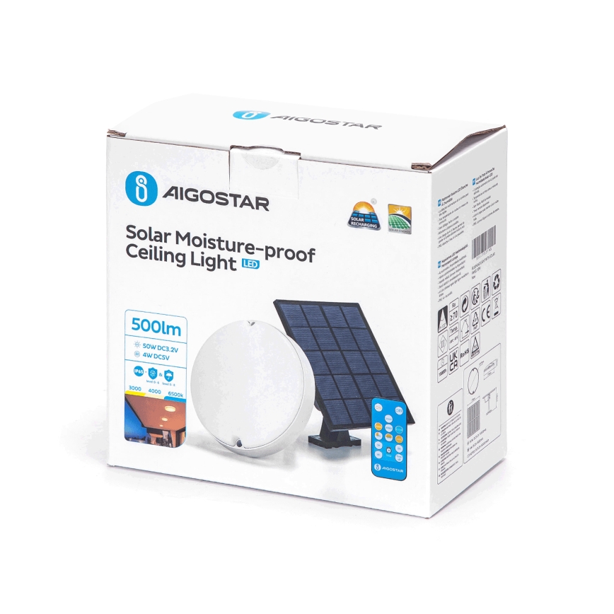 Aigostar - LED Prigušiva solarna plafonjera LED/3,2V 3000K/4000K/6500K IP65 + Daljinski upravljač