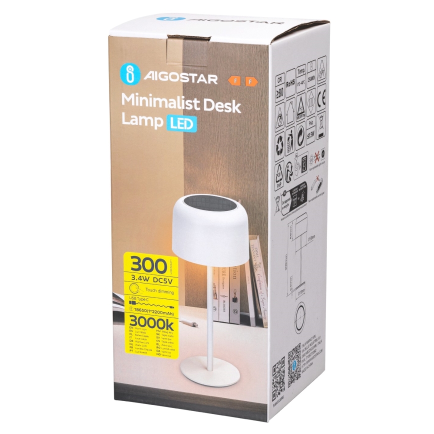 Aigostar - LED Solarna prigušivi punjiva stona lampa LED/3W/5V 2200mAh bela IP54