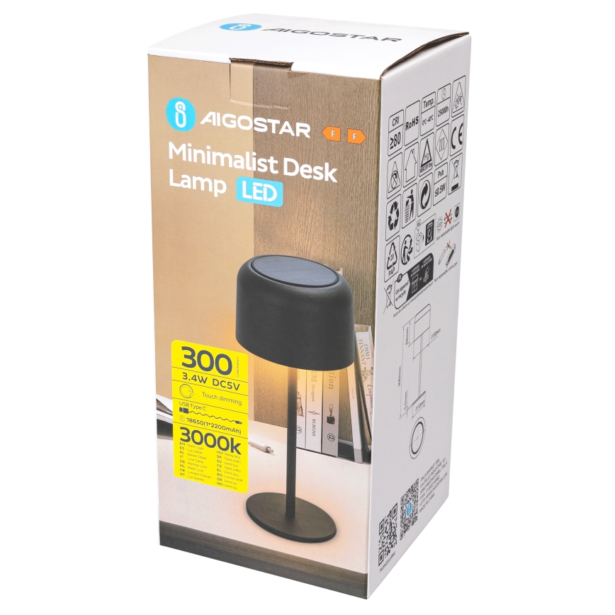Aigostar - LED Solarna prigušivi punjiva  stona lampa LED/3W/5V 2200mAh crno IP54