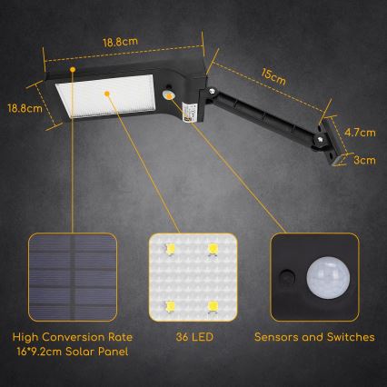 Aigostar - LED Solarna ulična svetiljka sa senzorom LED/2,3W/5,5V 1800 mAh IP65