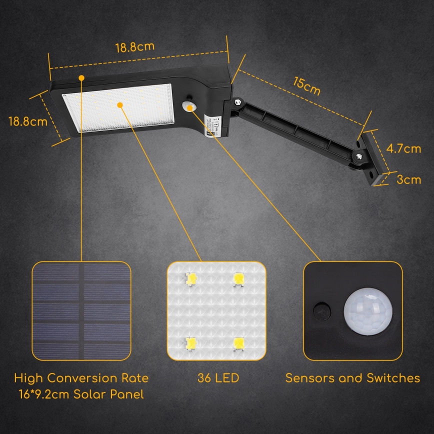 Aigostar - LED Solarna ulična svetiljka sa senzorom LED/2,3W/5,5V 1800 mAh IP65