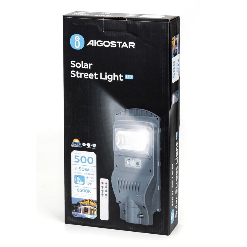 Aigostar - LED Solarna ulična svetiljka sa senzorom LED/50W/3,2V 5000mAh IP65 6500K + Daljinski upravljač
