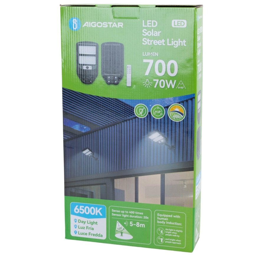 Aigostar - LED Solarna ulična svetiljka sa senzorom LED/70W/3,2V 4000mAh IP65 6500K + Daljinski upravljač
