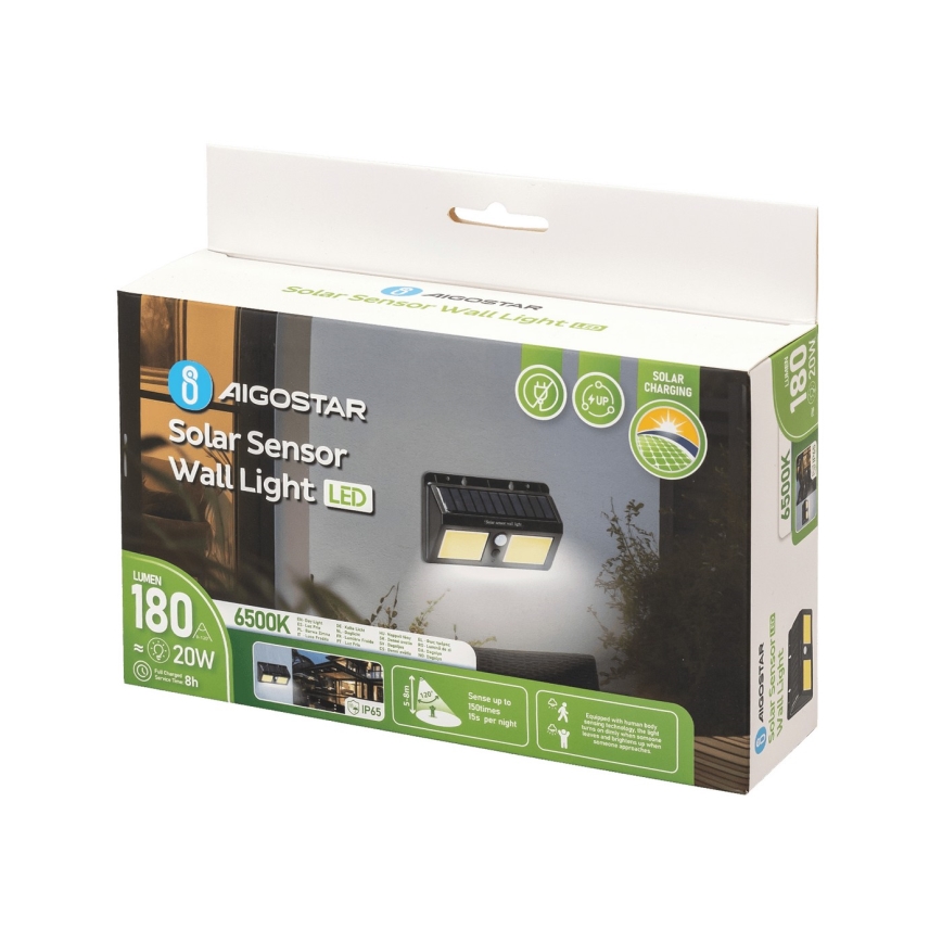 Aigostar - LED Solarna zidna lampa sa senzorom LED/20W/5,5V 2400 mAh 6500K IP65