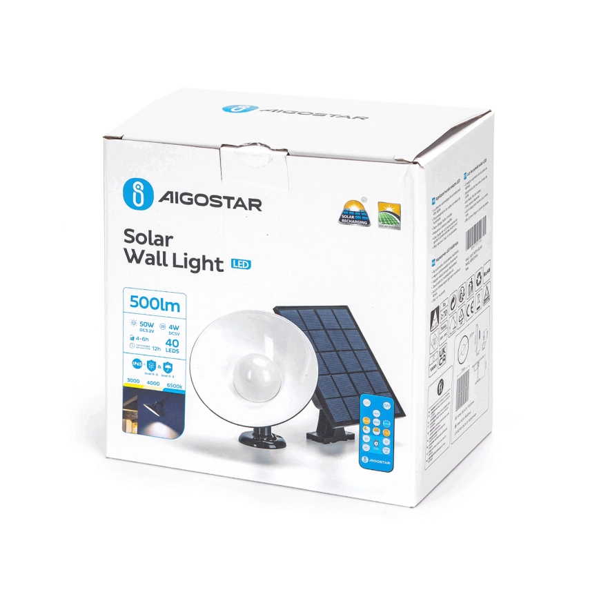 Aigostar - LED Solarna zidna rasveta LED/3,2V 3000K/4000K/6500K IP65 + Daljinski upravljač
