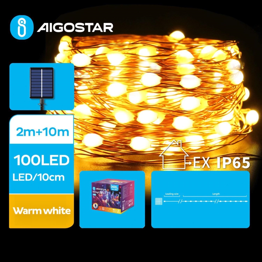Aigostar - LED Solarne božićne lampice 100xLED/8 funkcije 12m 800 mAh IP65 topla bela