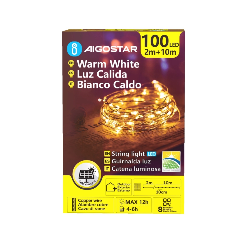 Aigostar - LED Solarne božićne lampice 100xLED/8 funkcije 12m 800 mAh IP65 topla bela