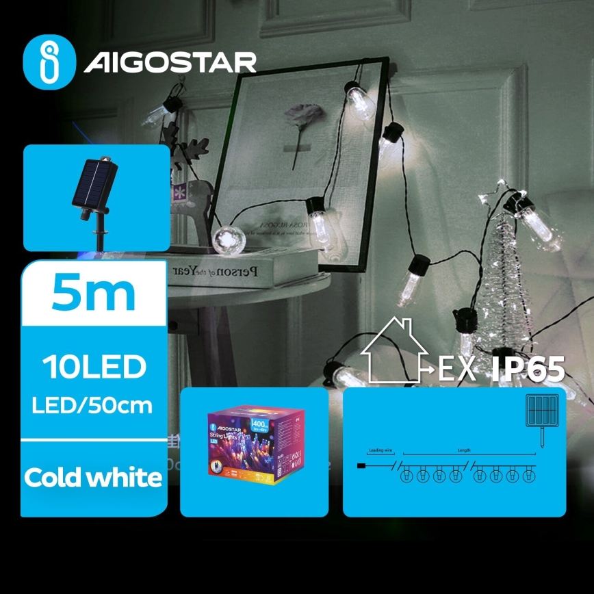 Aigostar - LED Solarne božićne lampice 10xLED/8 funkcije 6,5m 500 mAh IP65 hladna bela
