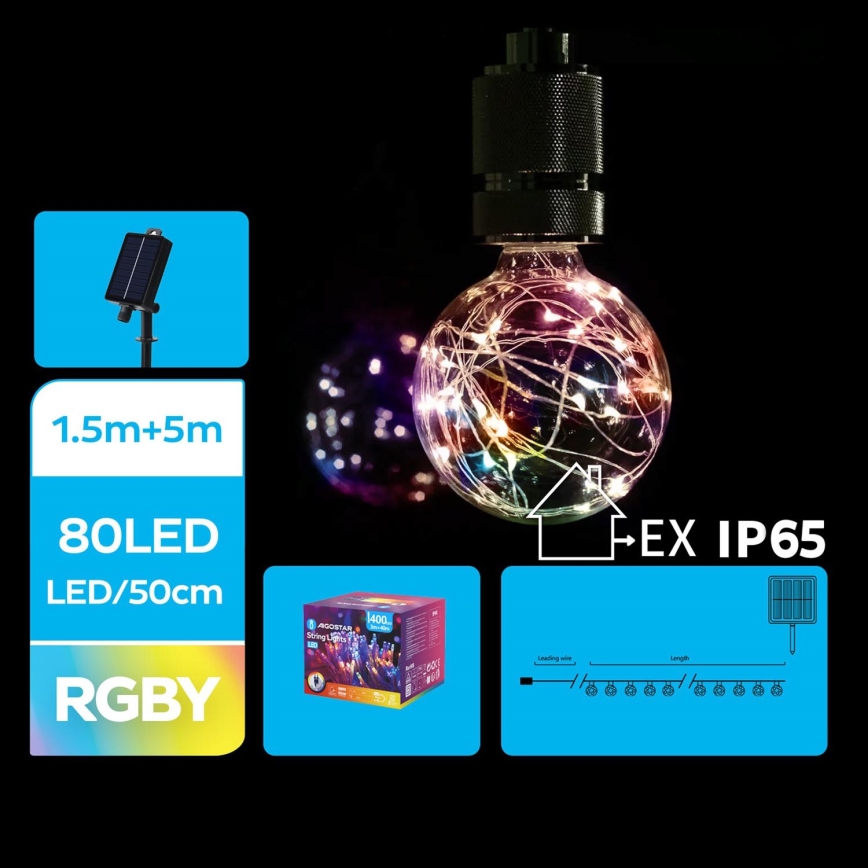 Aigostar - LED Solarne božićne lampice 10xLED/8 funkcije 6,5m IP65 500 mAh šareni