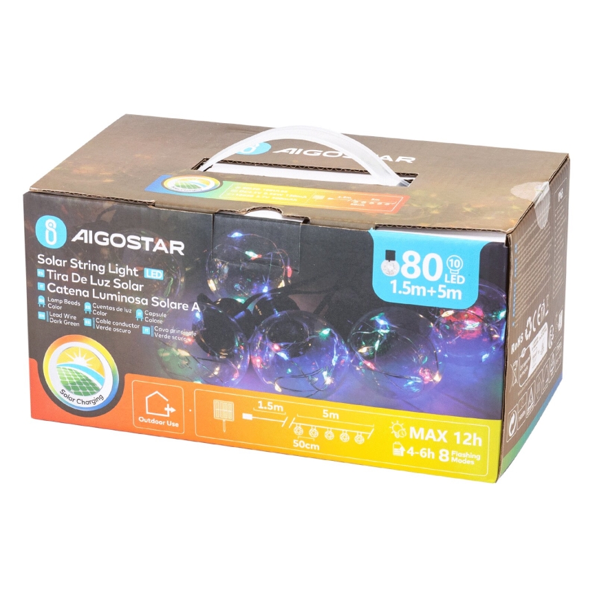 Aigostar - LED Solarne božićne lampice 10xLED/8 funkcije 6,5m IP65 500 mAh šareni