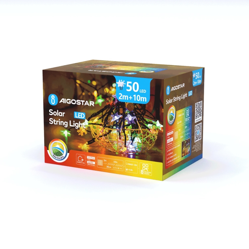 Aigostar - LED Solarne božićne lampice 50xLED/8 funkcije 800 mAh 12m IP65 šareni