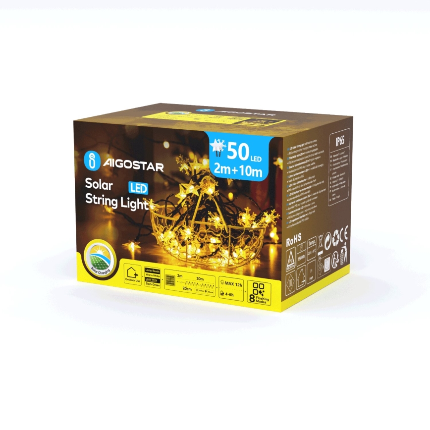 Aigostar - LED Solarne božićne lampice 50xLED/8 funkcije 12m 800mAh IP65 topla bela