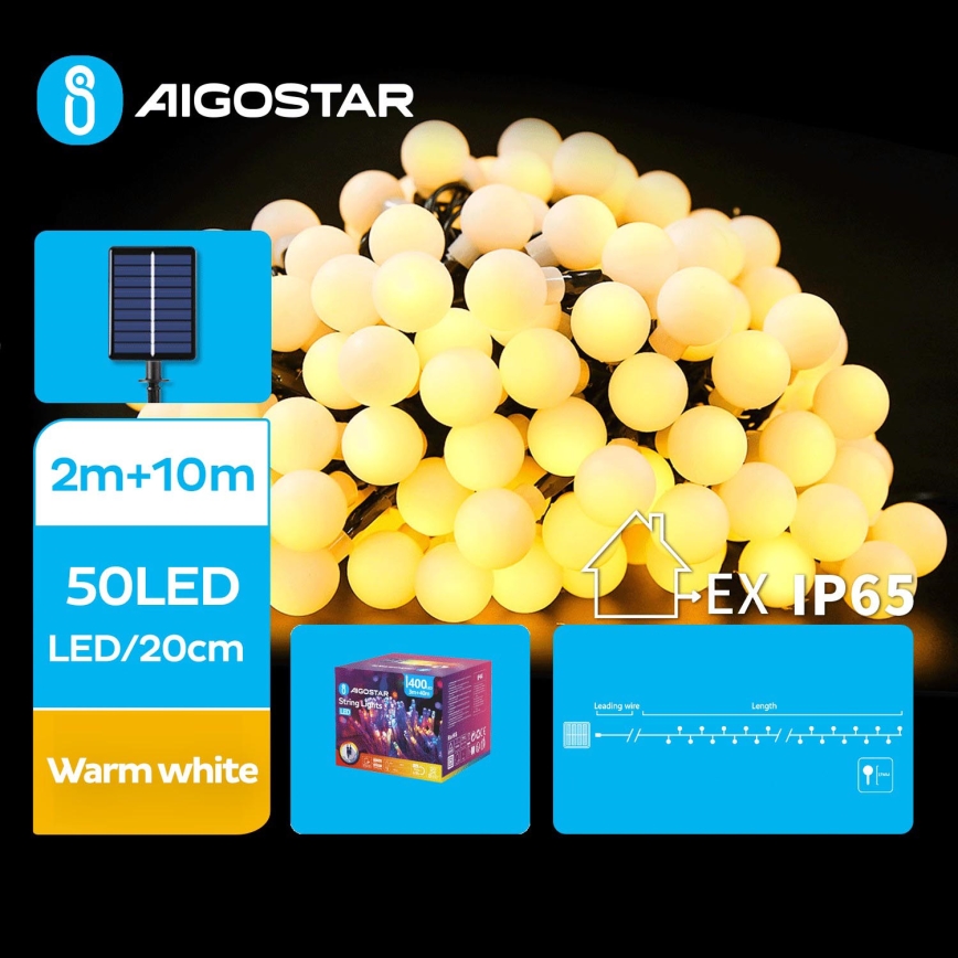 Aigostar - LED Solarni dekorativni lanac 50xLED/8 funkcije 12m 800 mAh IP65 topla bela