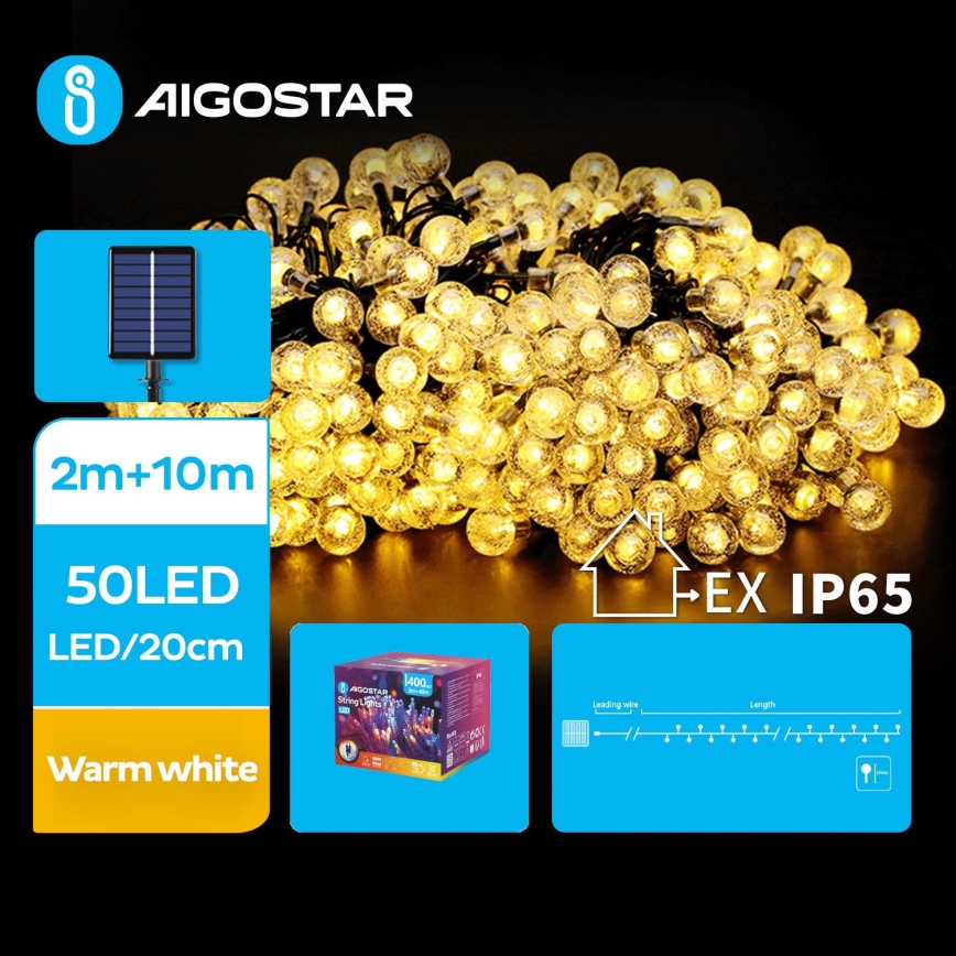 Aigostar - LED Solarni dekorativni lanac 50xLED/8 funkcije 12m 800 mAh IP65 topla bela