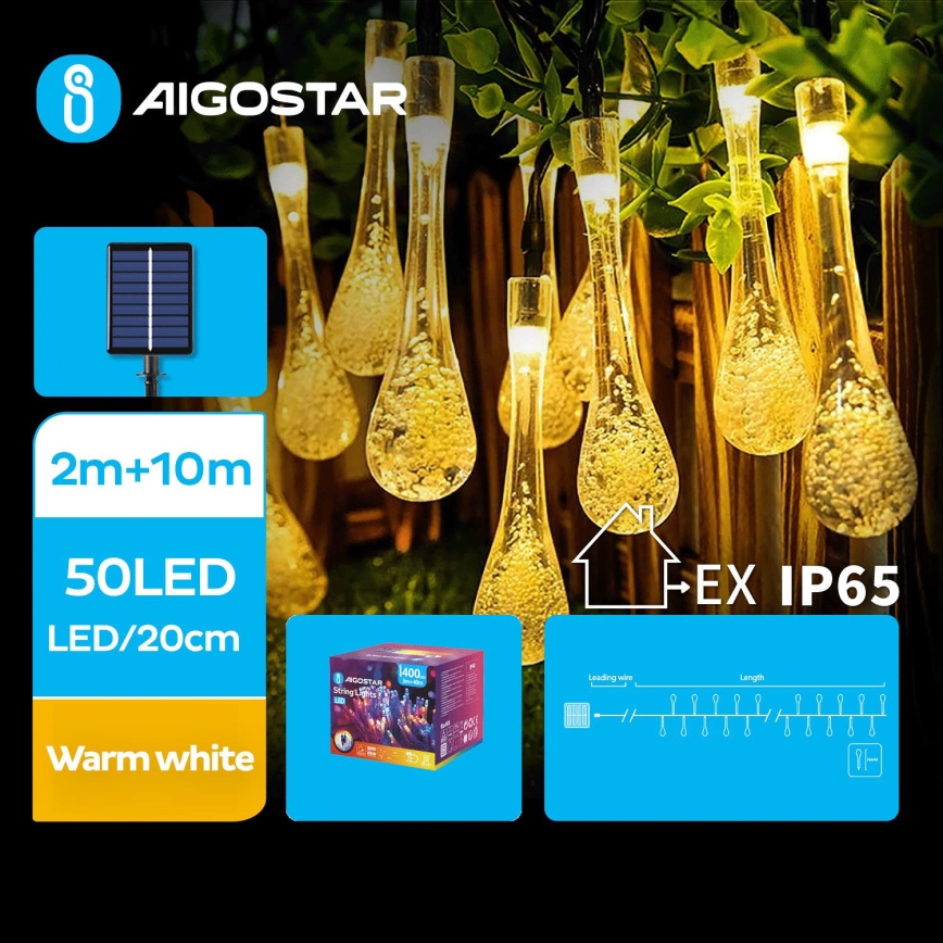 Aigostar - LED Solarni dekorativni lanac 50xLED/8 funkcije 12m IP65 topla bela 800 mAh