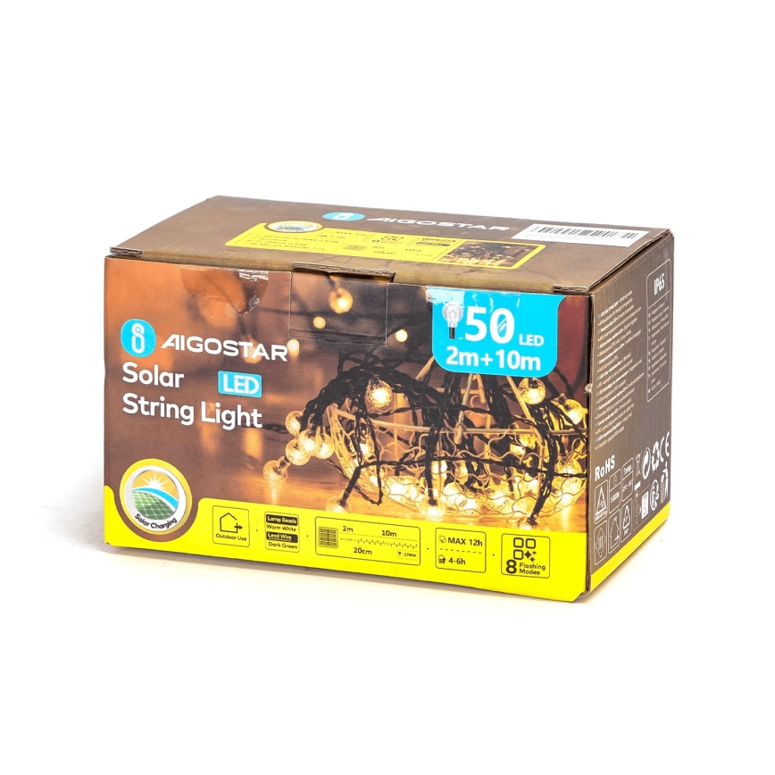 Aigostar - LED Solarni dekorativni lanac 50xLED/8 funkcije 12m 800 mAh IP65 topla bela