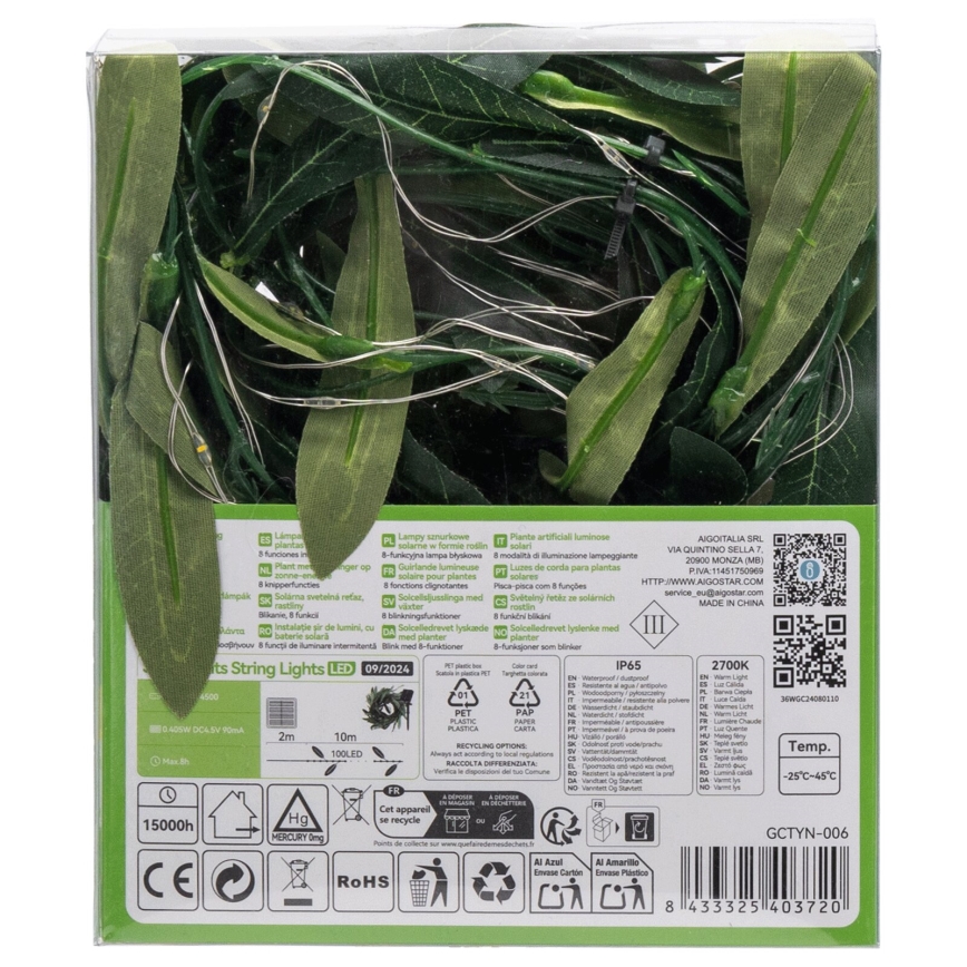 Aigostar - LED solarni lanac 100xLED/12m IP65 topla bela olive