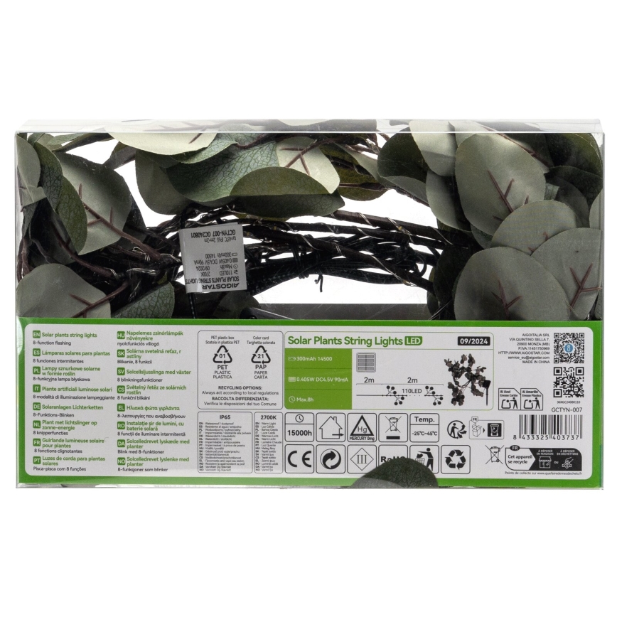 Aigostar - LED solarni lanac 110xLED/4m IP65 topla bela eukaliptus