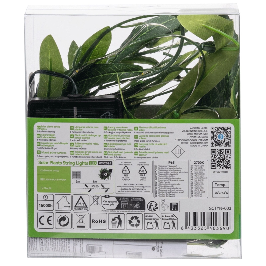 Aigostar - LED solarni lanac 50xLED/7m IP65 topla bela olive
