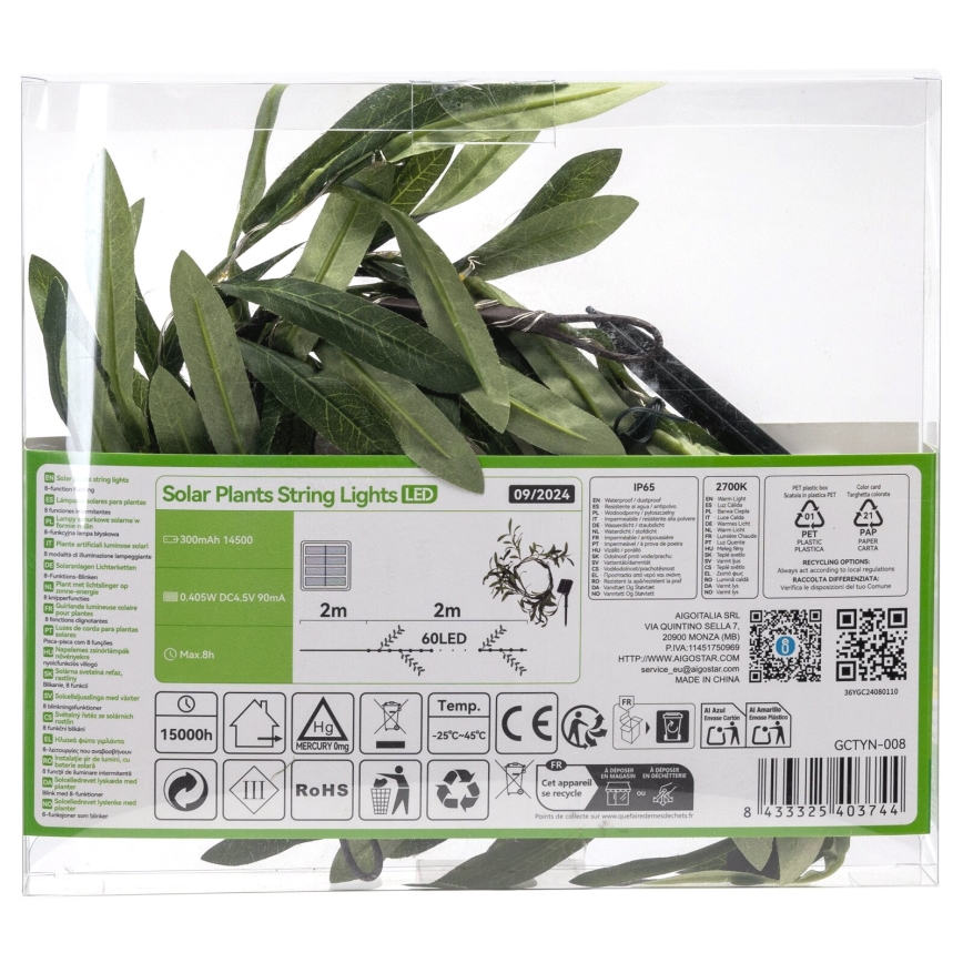 Aigostar - LED solarni lanac 60xLED/4m IP65 topla bela olive