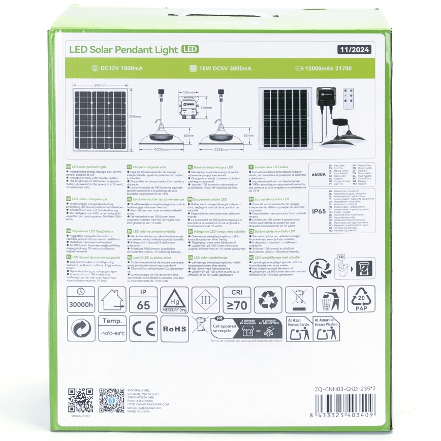 Aigostar - LED Solarni luster 2xLED/70W/12V 12000 mAh 6500K pr. 23,5 cm + Daljinski upravljač