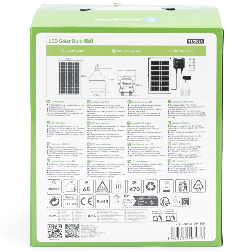 Aigostar - LED Solarni luster LED/35W/12V 3000 mAh 6500K pr. 10 cm + Daljinski upravljač
