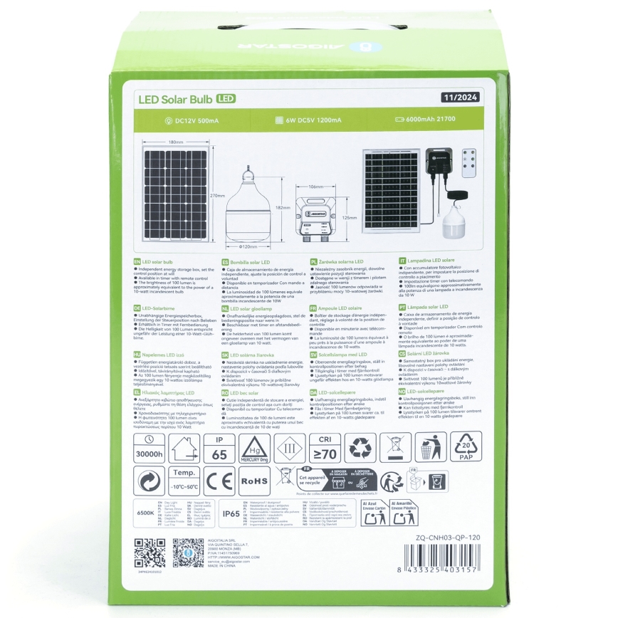 Aigostar - LED Solarni luster LED/70W/12V 6000 mAh 6500K pr. 12 cm + Daljinski upravljač