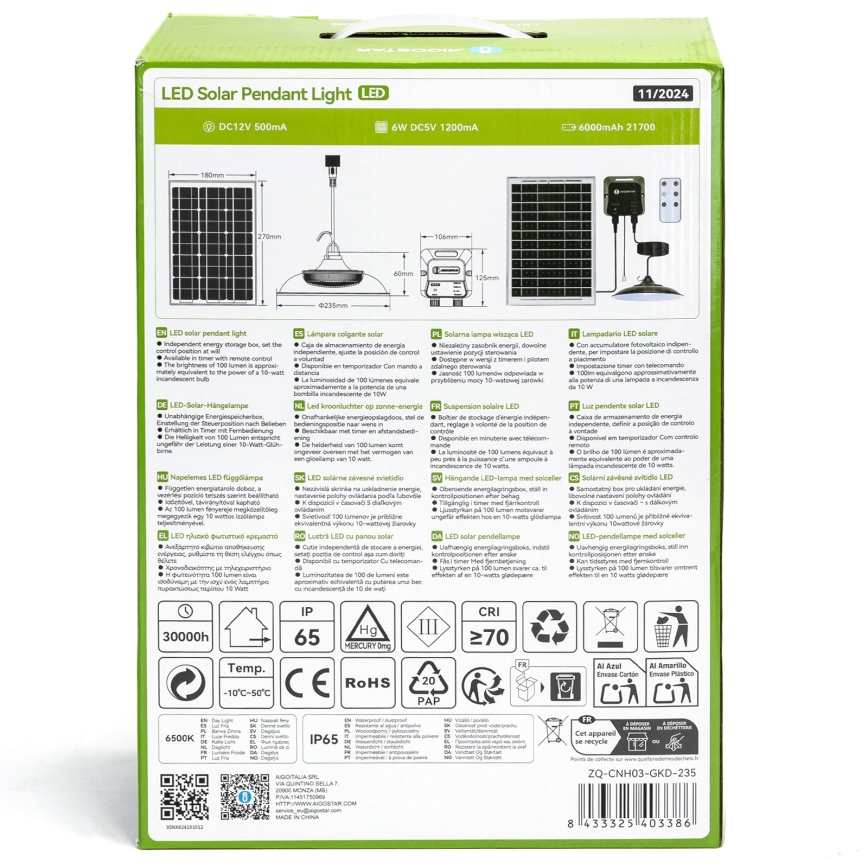 Aigostar - LED Solarni luster LED/70W/12V 6000 mAh 6500K pr. 23,5 cm + Daljinski upravljač