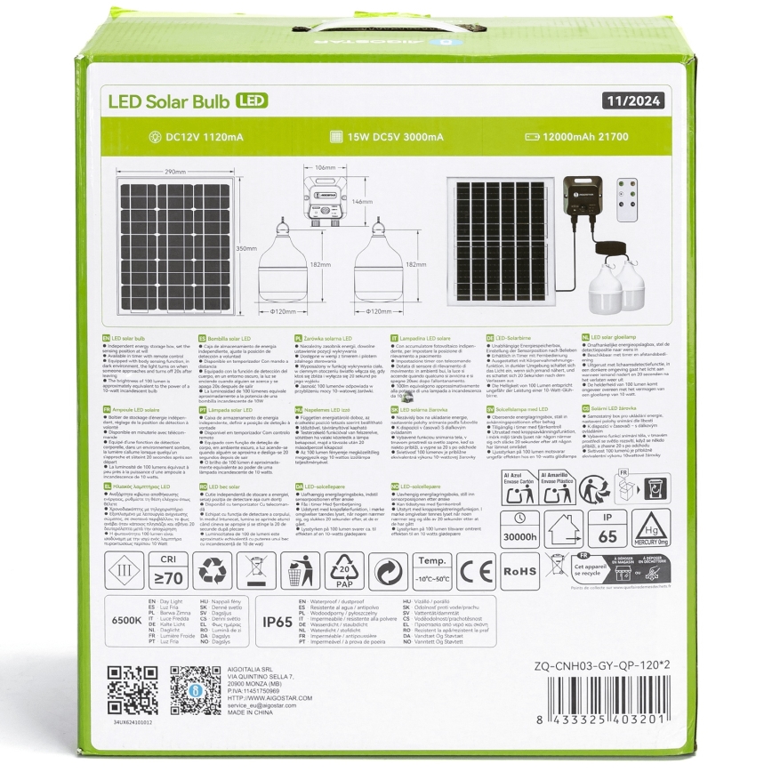 Aigostar - LED Solarni luster sa senzorom 2xLED/70W/12V 12000 mAh 6500K pr. 12 cm + Daljinski upravljač