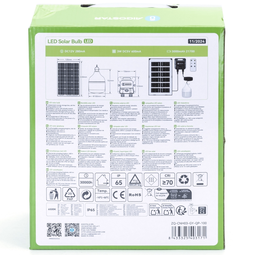 Aigostar - LED Solarni luster sa senzorom LED/35W/12V 3000 mAh 6500K pr. 10 cm + Daljinski upravljač