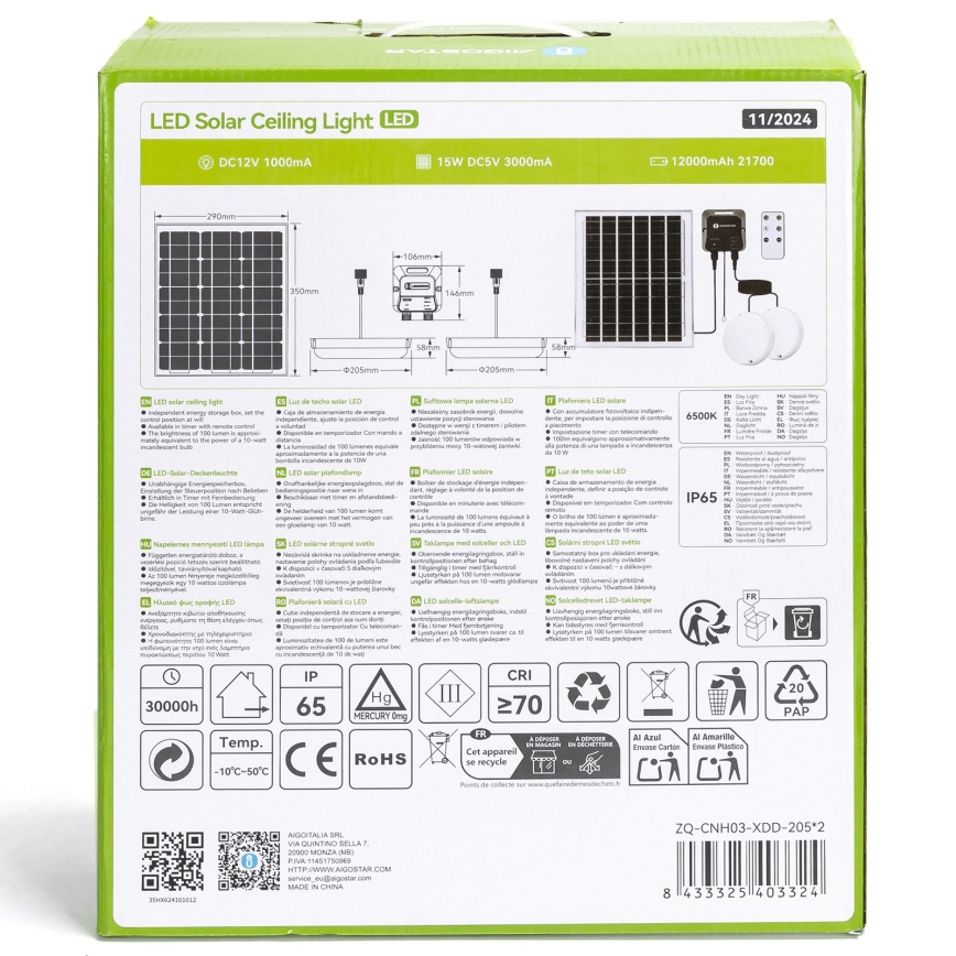 Aigostar - LED Solarno svetlo 2xLED/70W/12V 12000 mAh 6500K pr. 20,5 cm + Daljinski upravljač