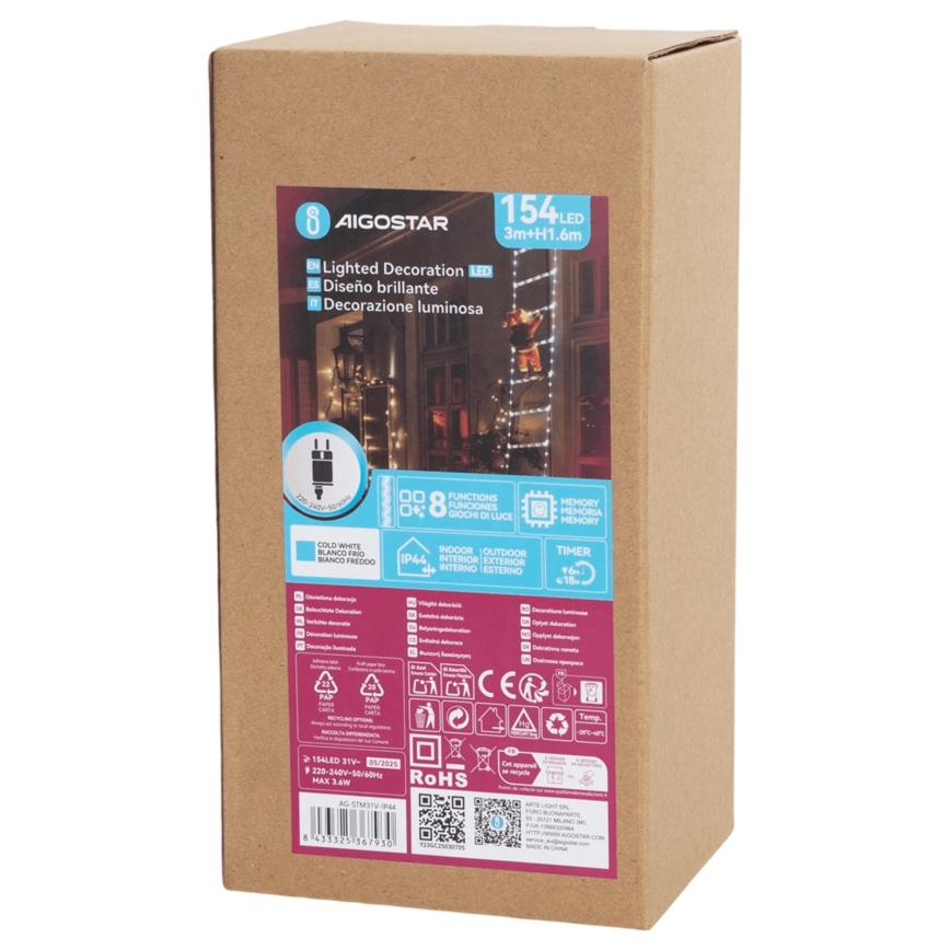 Aigostar - LED spoljašnja božićna dekoracija 154xLED/8 funkcija 1,6m IP44 hladna bela
