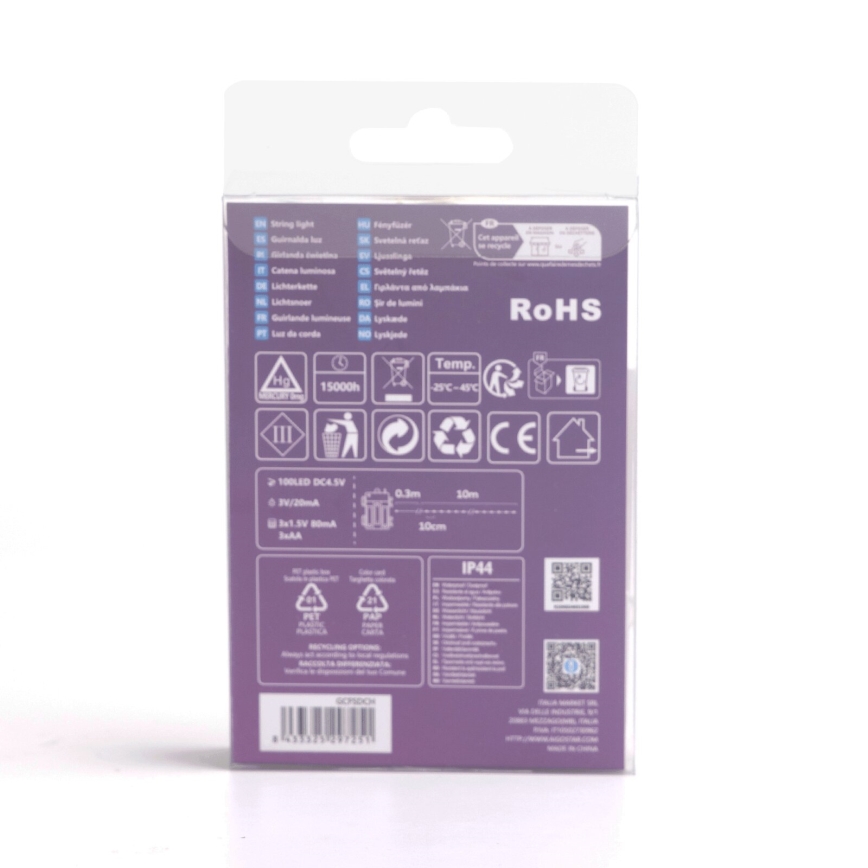 Aigostar - LED spoljni božićni lanac 100xLED/8 funkcija/3xAA 10,3m IP44 hladna bela